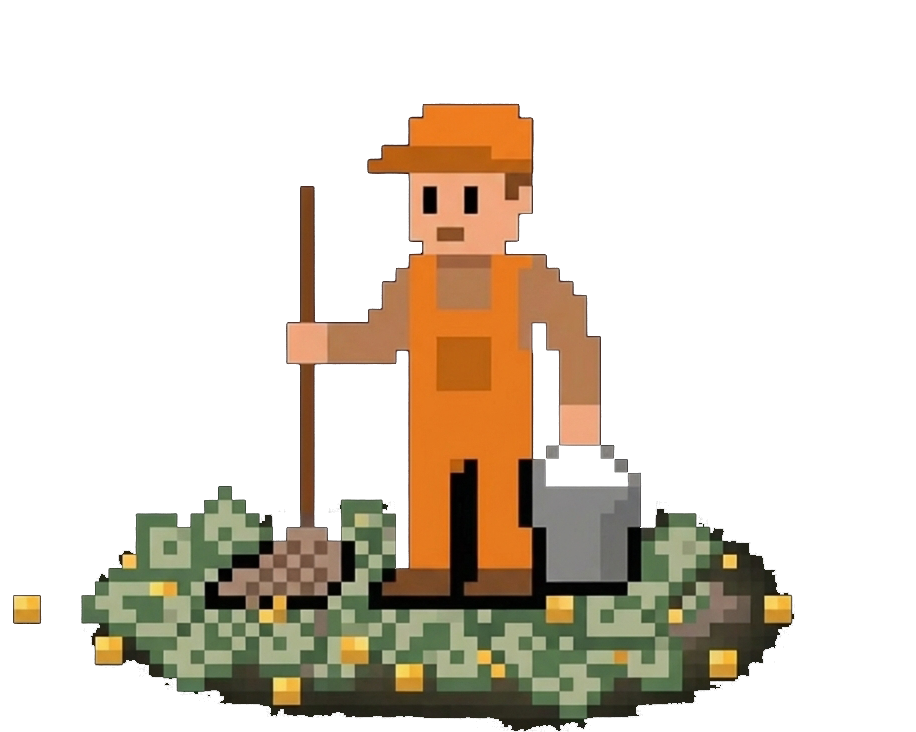 CLEANER — pixel art janitor with mop and bucket on a glowing green puddle